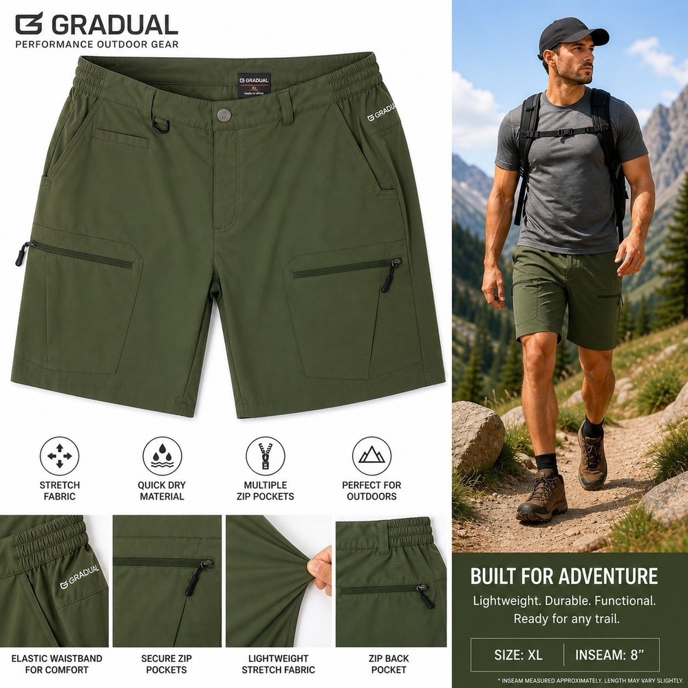 G Gradual men's Hiking Shorts XL Olive Green 8" inseam‎ Stretch Pockets Outdoor
